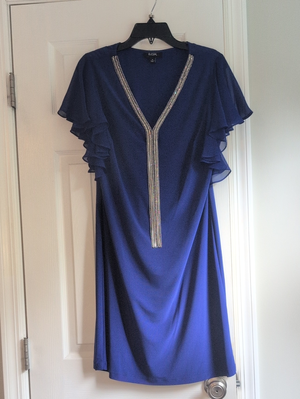 MSK Cobalt Blue V-Neck Tunic with Sequin Trim and Ruffle Sleeves
